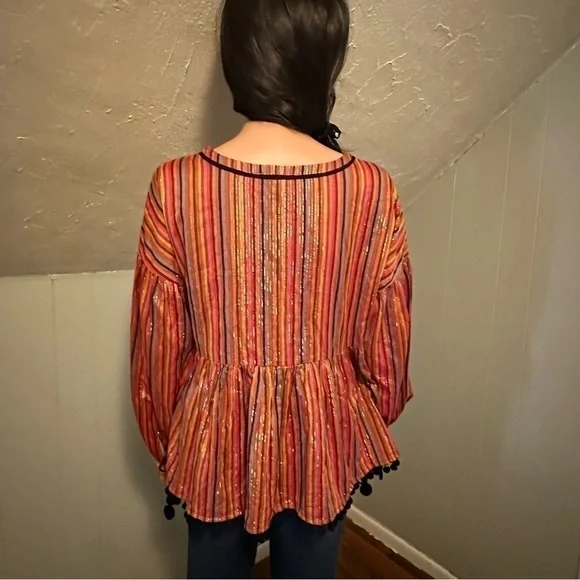 Amaryllis Metallic Stripe Pom Pom Boho Peasant Blouse Size Small - Picture 3 of 9